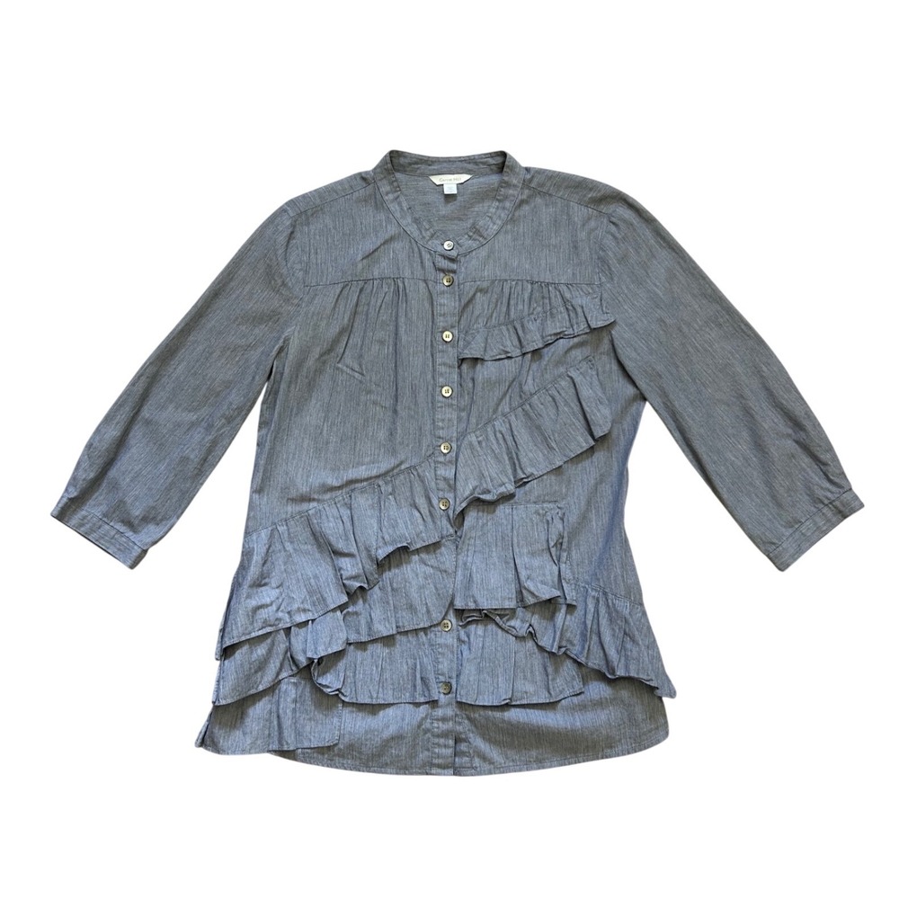 Garnet Hill Blue Striped Ruffle Front Cotton Tunic Top Mandarin Collar 12 Preppy